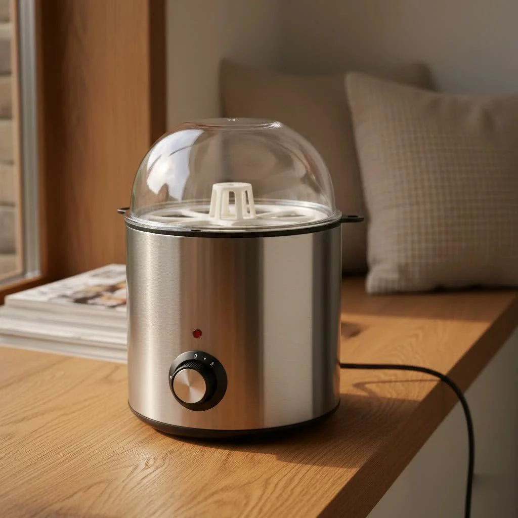 Egg boiler pot with perfectly cooked eggs