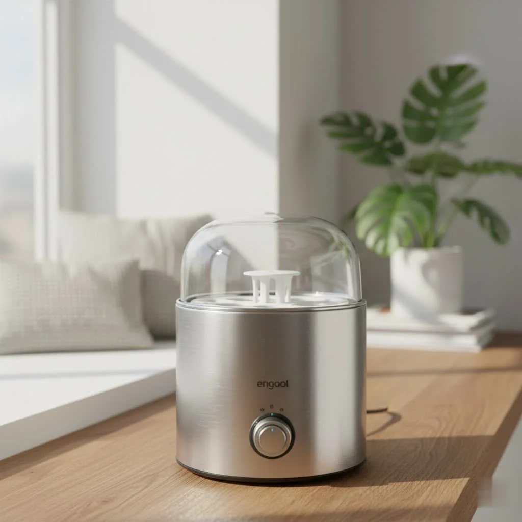 Electric egg boiler poacher with eggs and steaming water