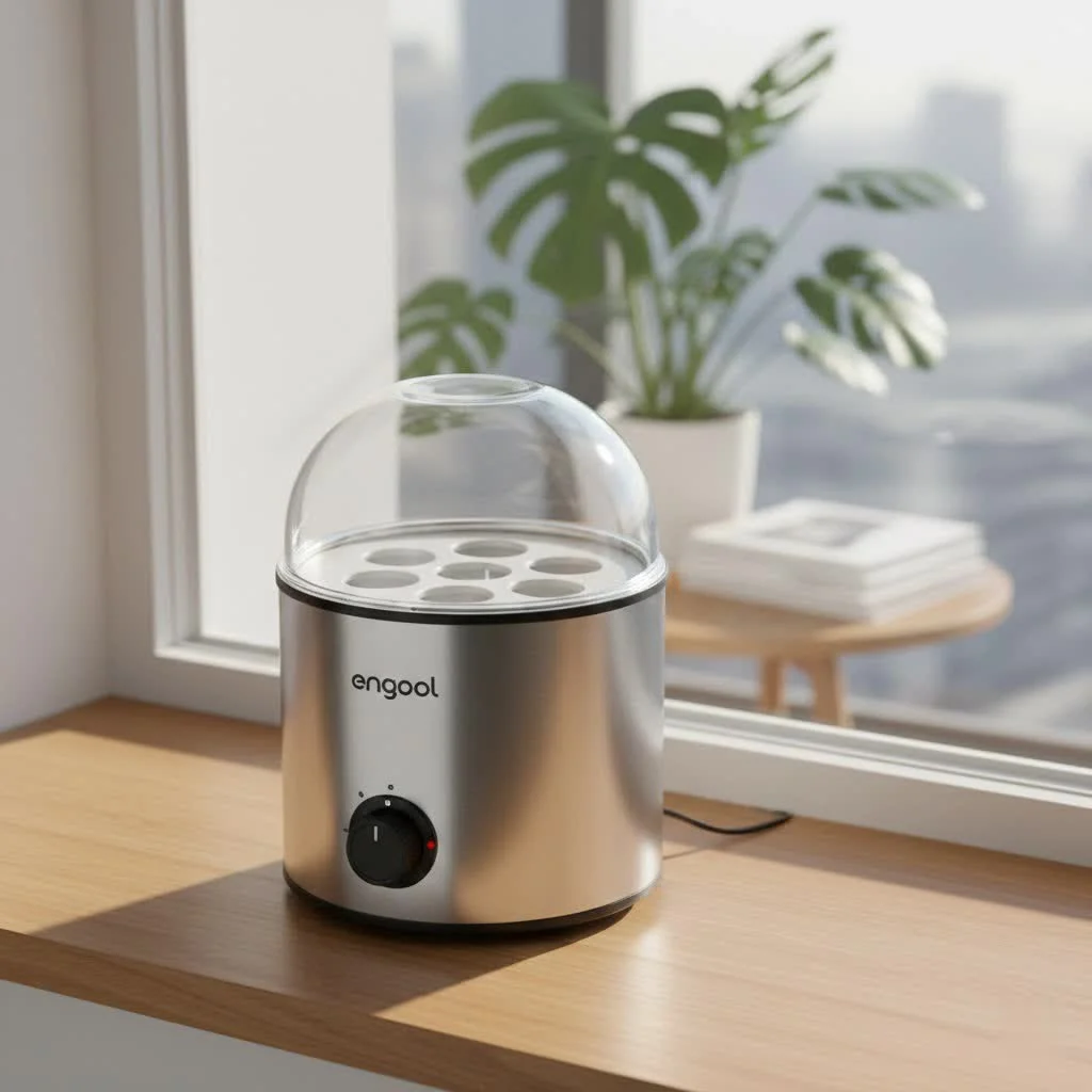 Electric egg boiler with several eggs cooking inside